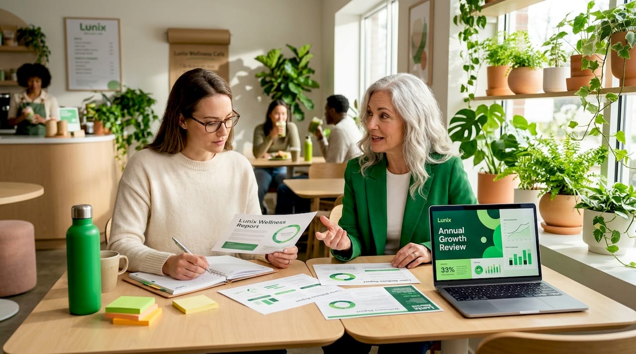 Women discussing wellness at bright workspace table