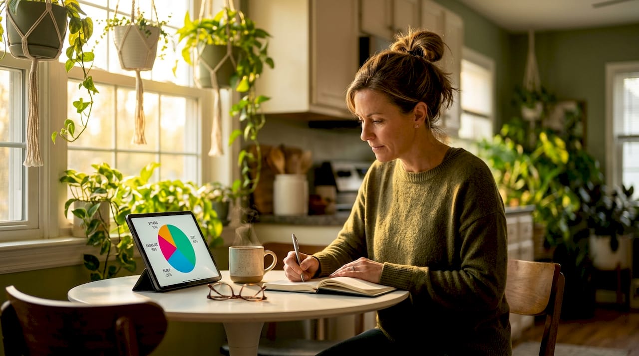 Woman journaling morning wellness plan at kitchen table