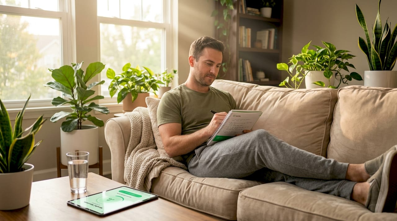 Man noting rest optimization ideas at home