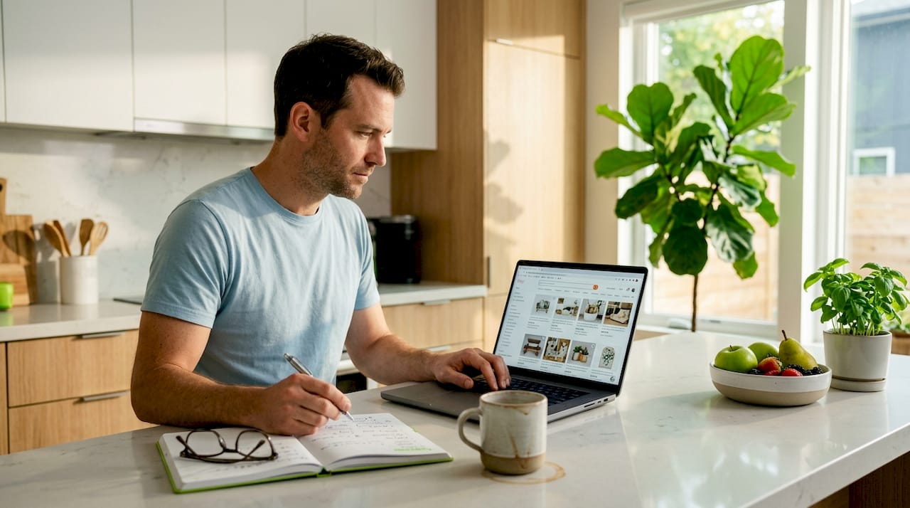 Man comparing online marketplaces at kitchen table