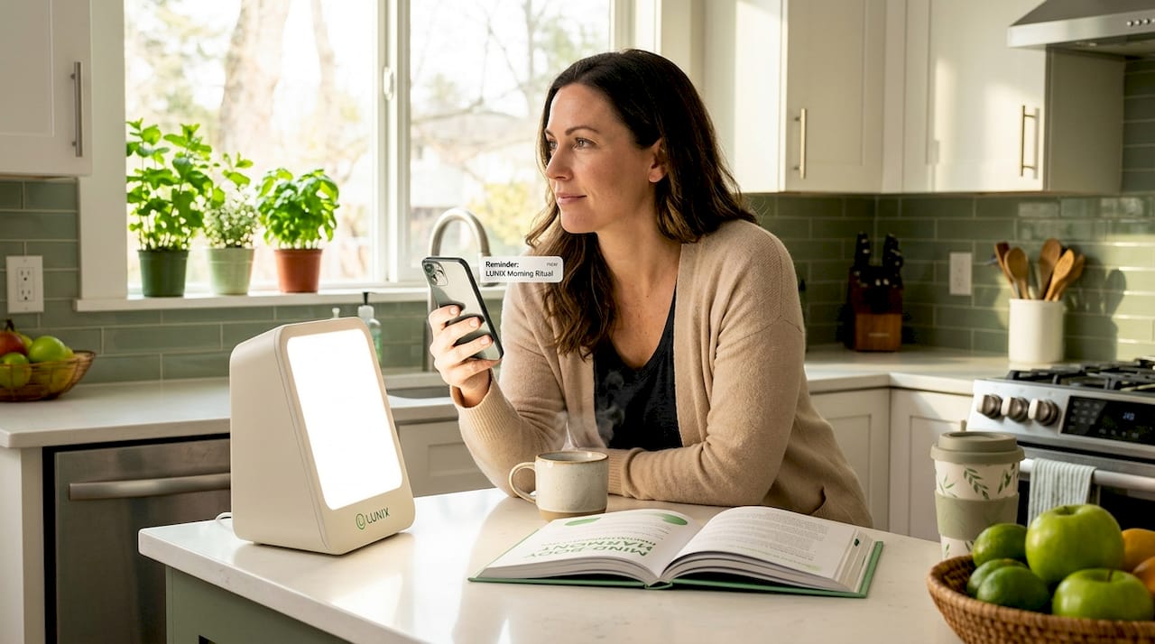 Woman using light therapy box during breakfast