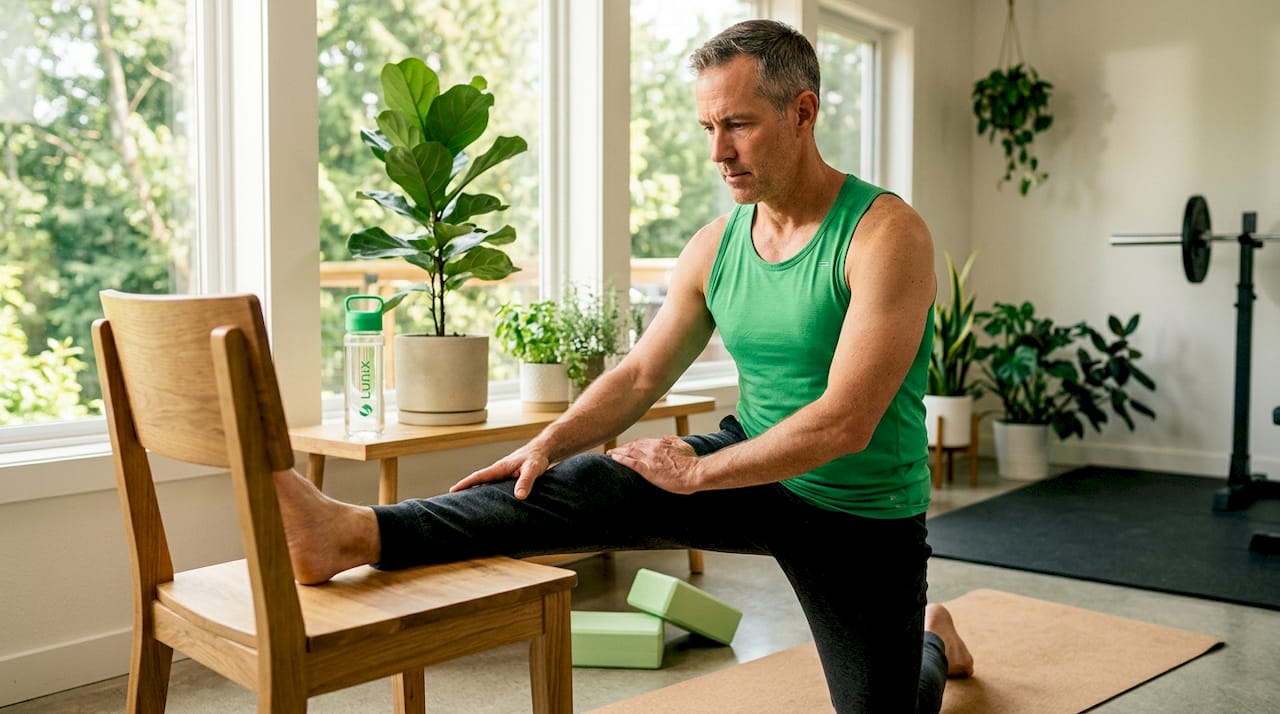 Man stretching gently in cozy living room