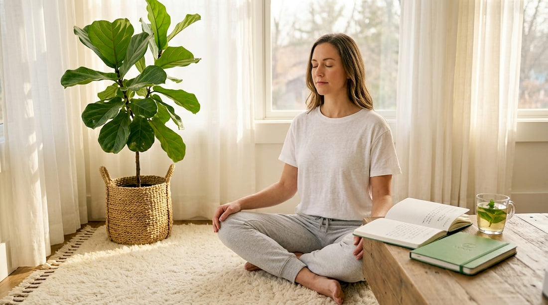 Woman meditating in relaxed living room