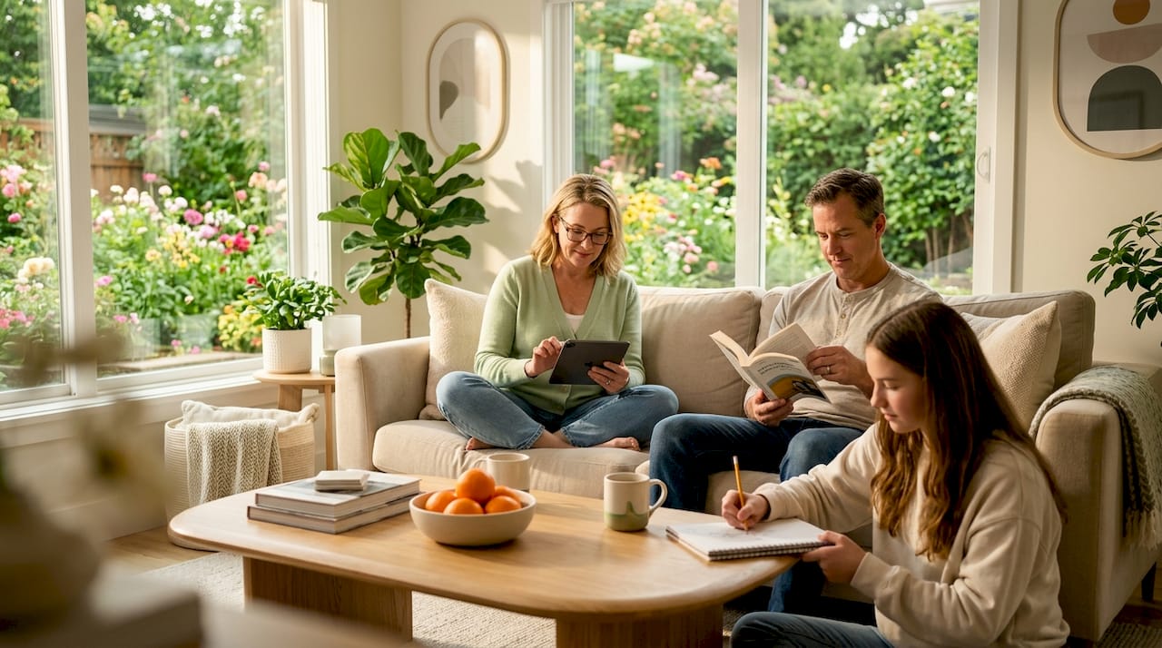 Family relaxing in sunlit living room