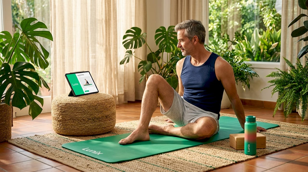 Midlife man stretching in sunlit living room