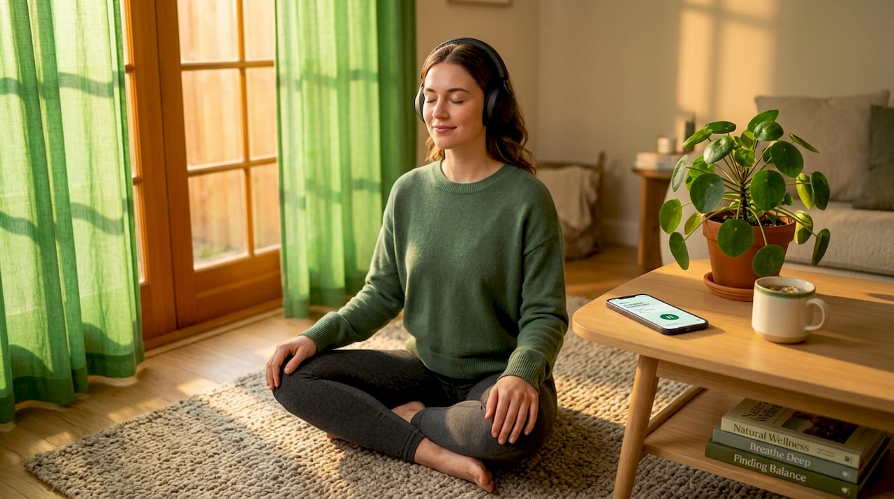 Person meditating with headphones in living room