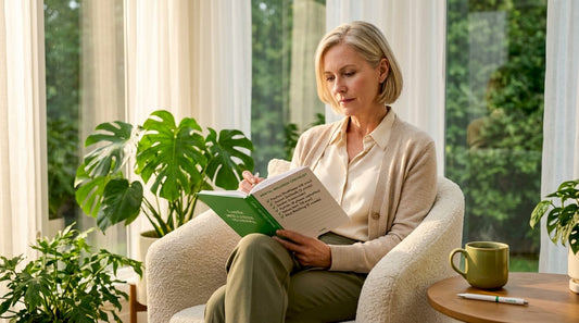 Middle-aged woman journaling mental wellness checklist