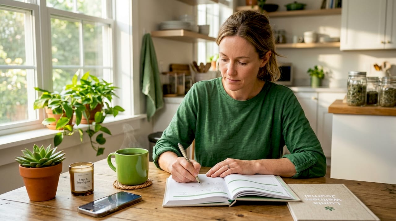 Woman writing in wellness planner at kitchen table