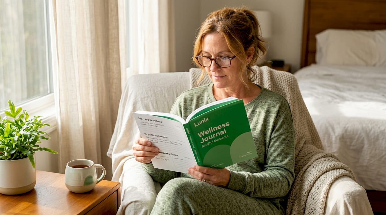 Middle-aged woman reading wellness journal indoors