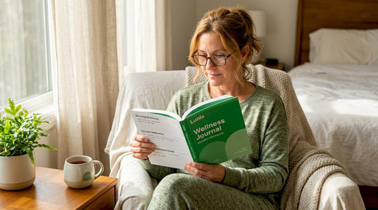 Middle-aged woman reading wellness journal indoors