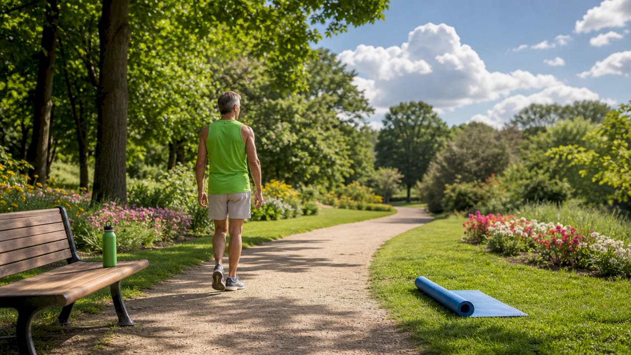Man jogging slowly on forest trail for active recovery