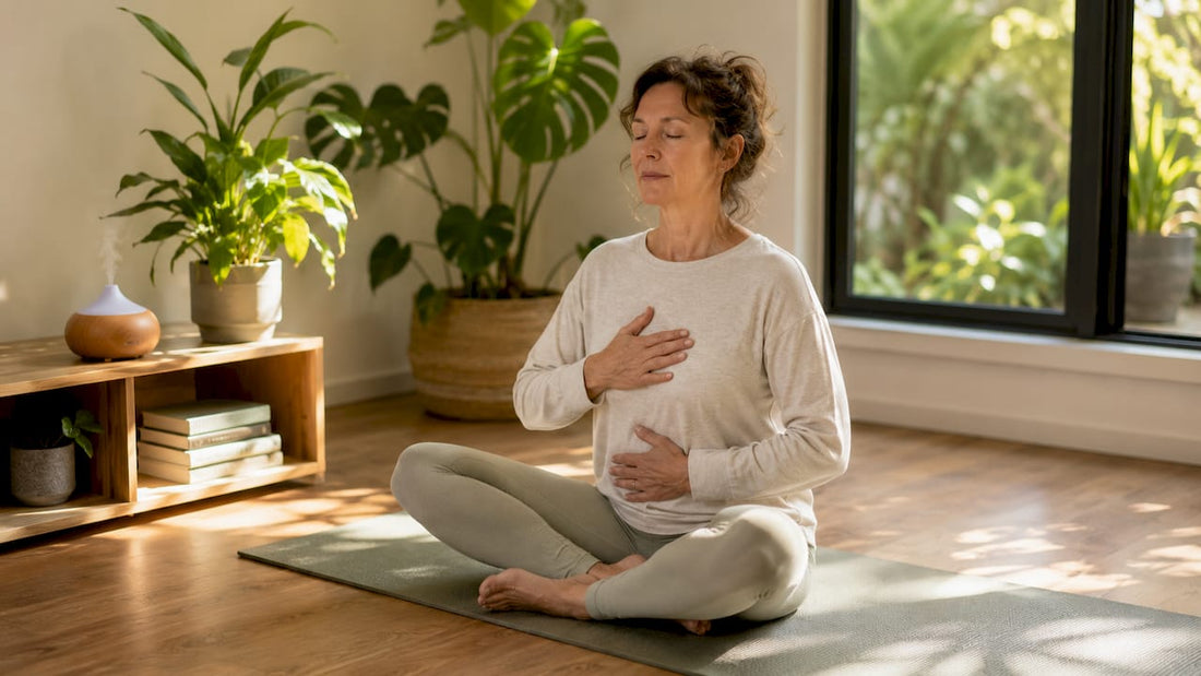Woman doing breathing exercise in peaceful room