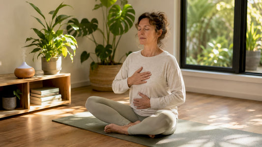 Woman doing breathing exercise in peaceful room