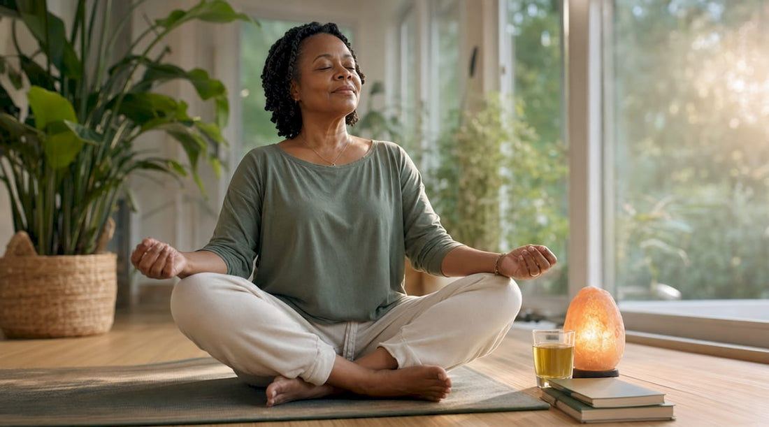 Woman meditating on yoga mat indoors