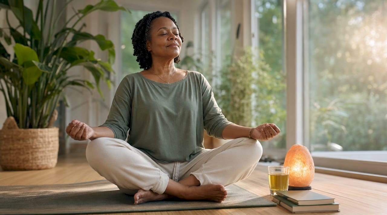 Woman meditating on yoga mat indoors
