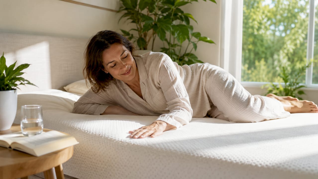 Woman testing foam mattress for pressure relief