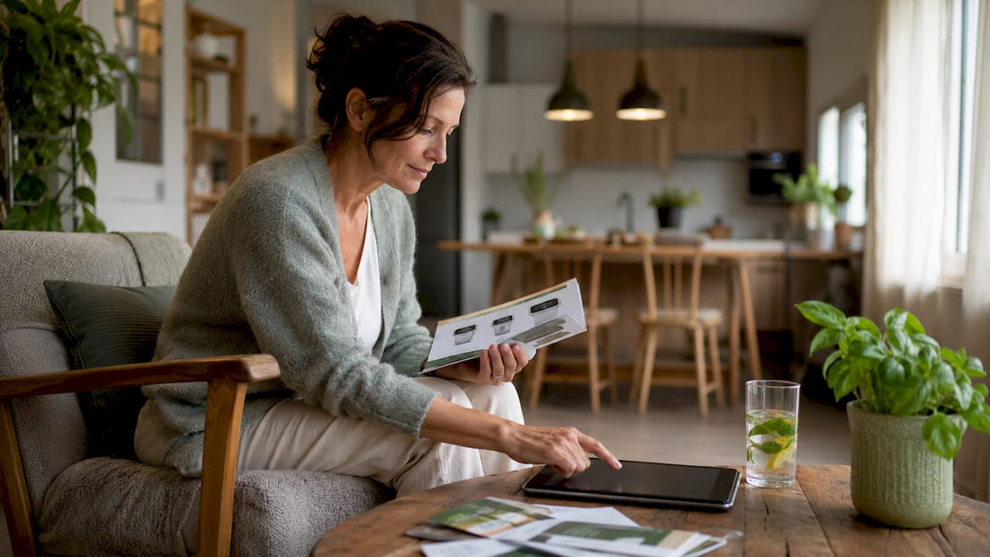 Woman comparing wellness devices at home