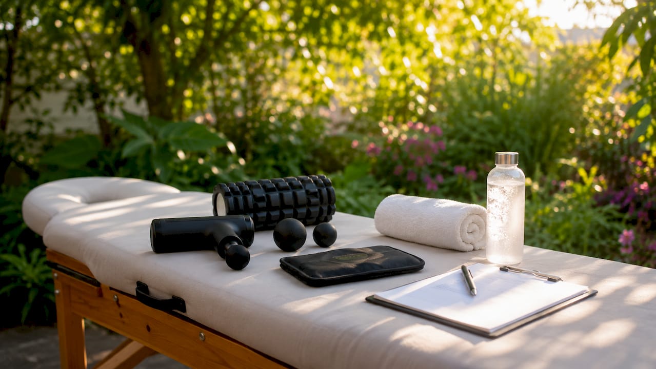 Array of therapeutic massage tools on table