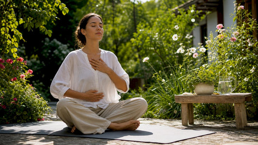 Woman practicing breathing exercise in living room