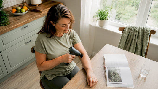 Woman using handheld home recovery massage device