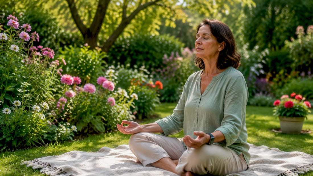 Woman meditating at home with smartwatch