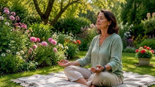 Woman meditating at home with smartwatch