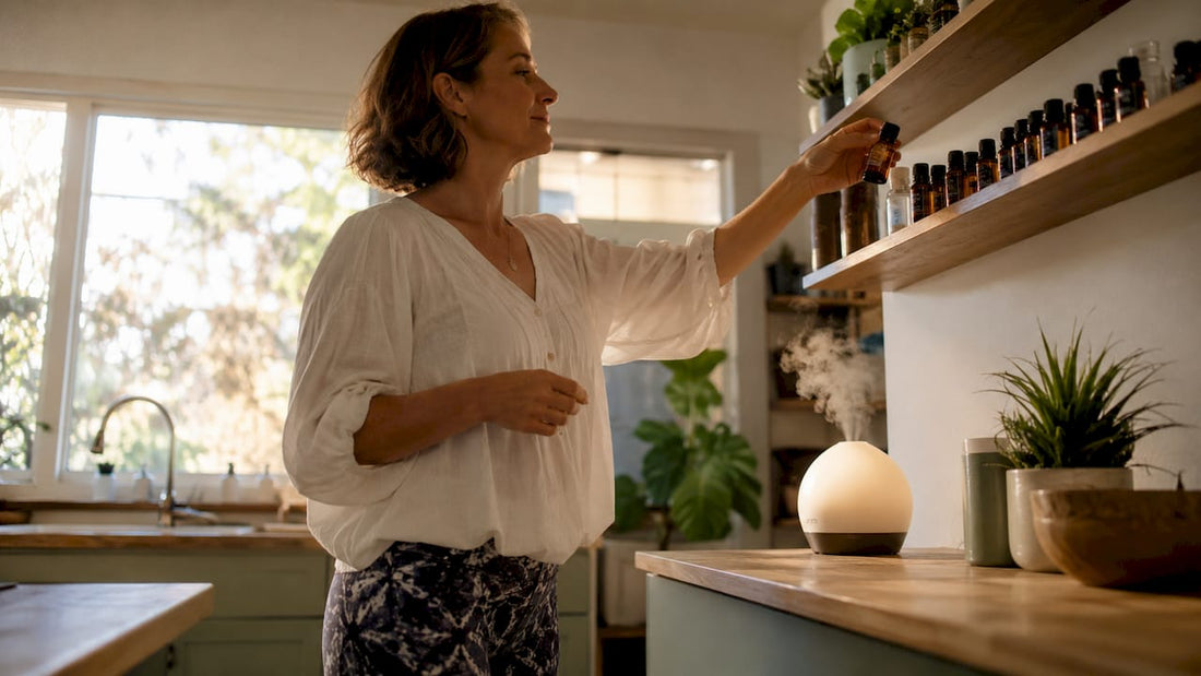 Woman selecting essential oil in cozy living room