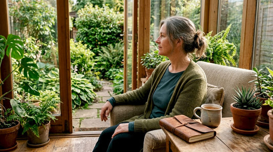 Woman taking mindful break in home study