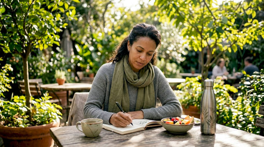 Woman writing wellness goals at kitchen table