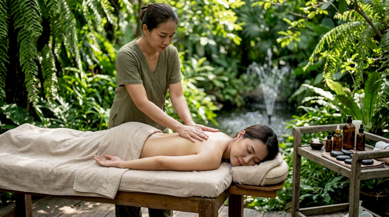 Woman receiving relaxing massage therapy in spa