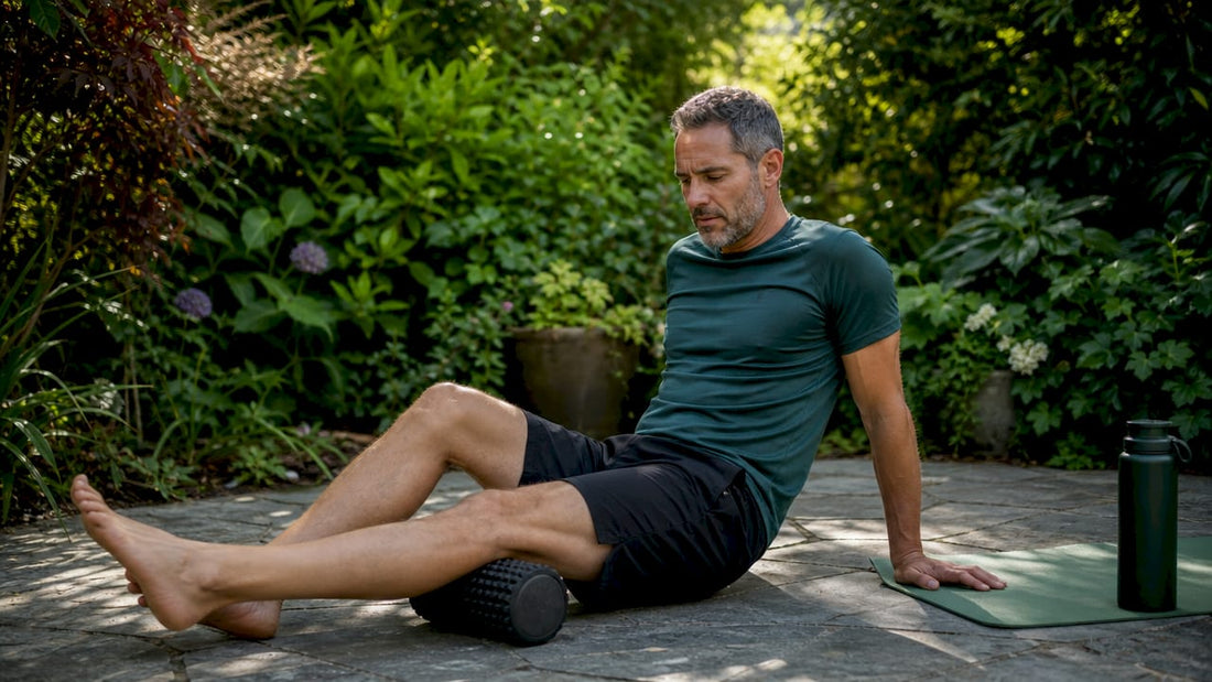 Middle-aged man foam rolling calf in home gym