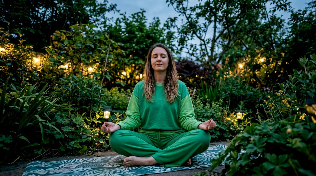 Woman practicing mindful breathing in living room