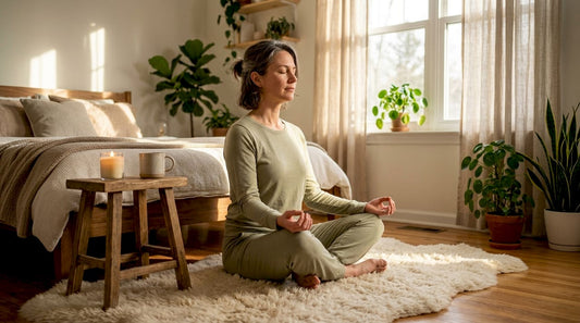 Middle-aged woman meditating in sunny home studio