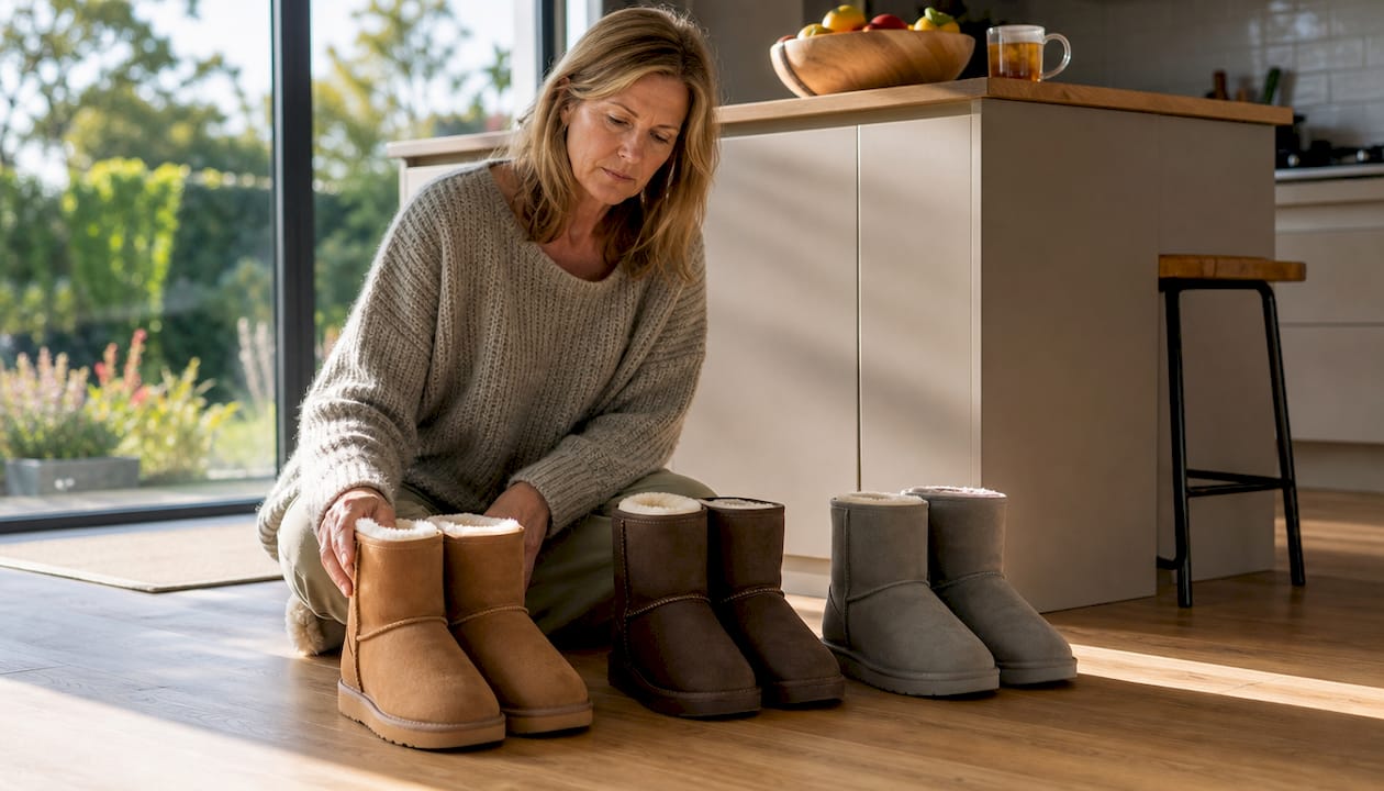 Woman comparing sheepskin footwear alternatives