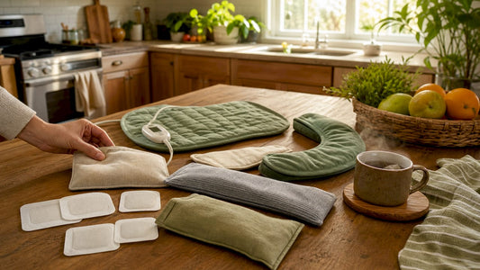 Various types of therapeutic heat pads displayed on table
