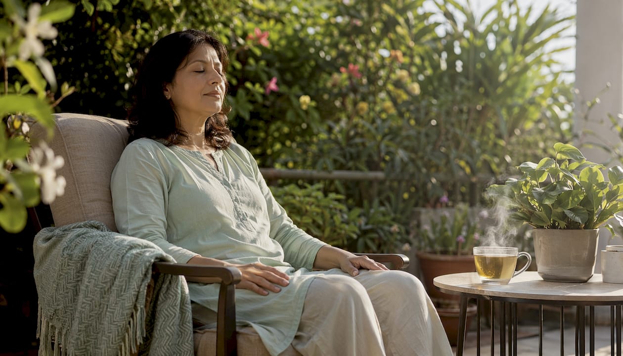 Middle-aged woman meditating peacefully indoors