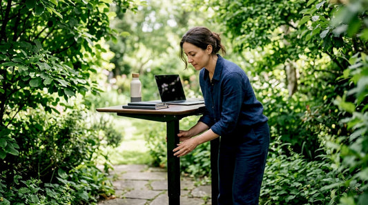 Woman adjusting ergonomic chair in bright home office