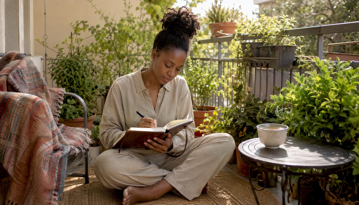 Woman journaling during self-care at home
