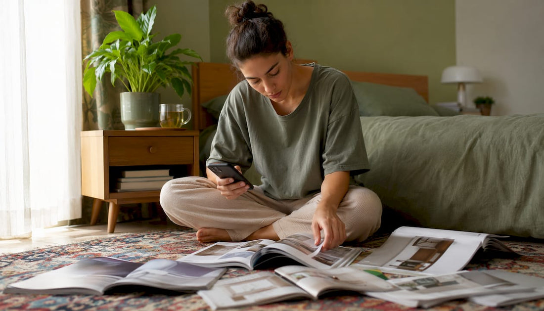 Woman researching budget mattress options online