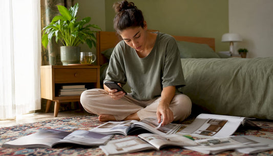 Woman researching budget mattress options online
