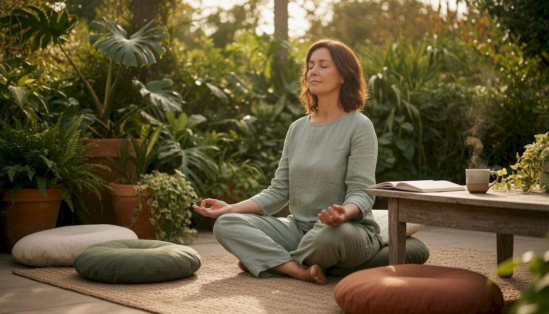 Woman practicing morning mindfulness at breakfast table