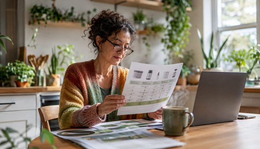 Woman reviewing recovery product comparison chart