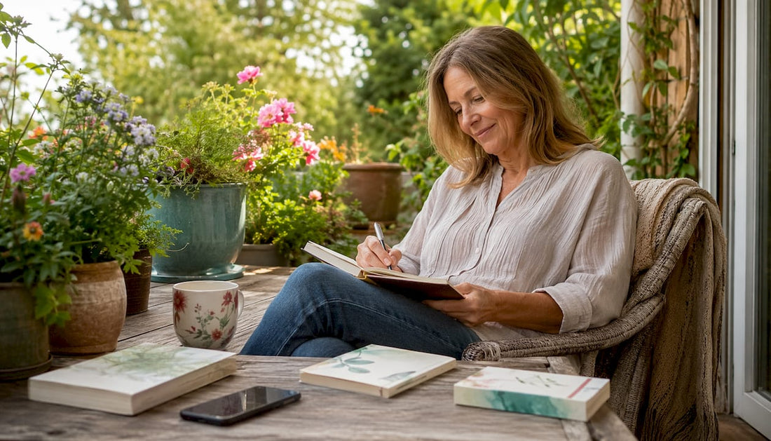Middle-aged woman practicing digital wellness at home
