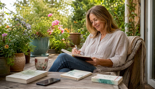 Middle-aged woman practicing digital wellness at home