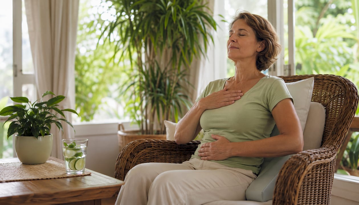 Woman practicing breathing exercises at home