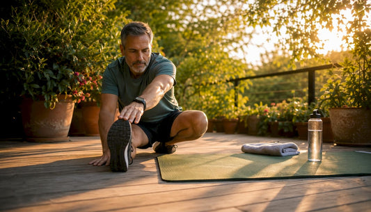 Middle-aged man stretching during recovery workout