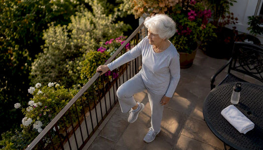 Older woman doing balance exercise at home