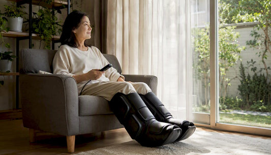 Woman using leg massager at home