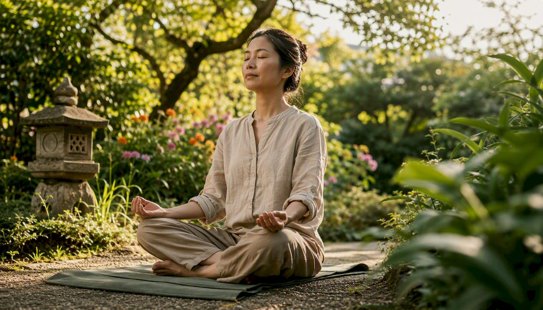 Woman meditating practicing mindful breathing