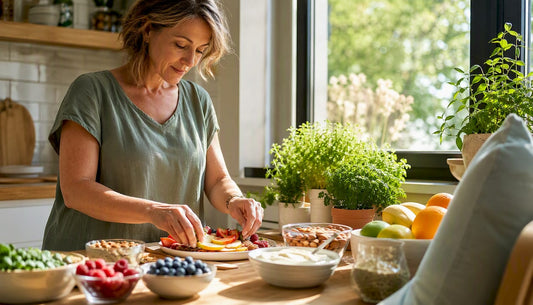 Woman plating healthy breakfast with pillow detail
